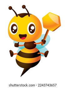 Caricatura de la adorable abeja sonriente con los ojos grandes sosteniendo el cartel vacío del peine de miel. Piernas abiertas del personaje de abeja más anchas