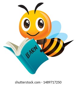 Cartoon cute smiling bee mascot carrying a blue book. Back to school - Vector mascot isolated