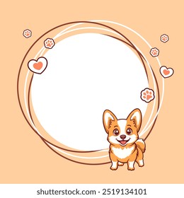 Cartoon cute smiling corgi dog with paw prints and hearts. Round vector banner with copy space. 