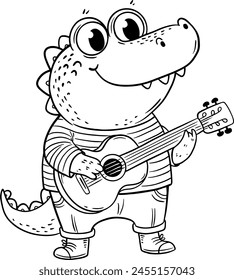 Cartoon cute smiling crocodile standing and plays guitar. Outline vector illustration. Coloring book page for kids