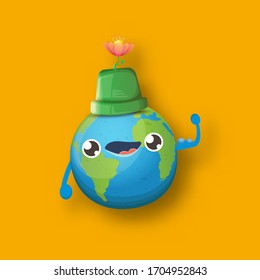 Cartoon cute smiling earth planet character with funky hat isolated on orange background. Eath day concept design party poster template with funny earth globe