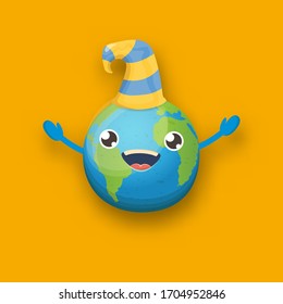 Cartoon cute smiling earth planet character with funky hat isolated on orange background. Eath day concept design party poster template with funny earth globe