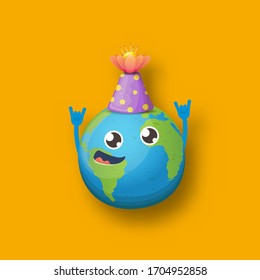 Cartoon cute smiling earth planet character with funky hat isolated on orange background. Eath day concept design party poster template with funny earth globe
