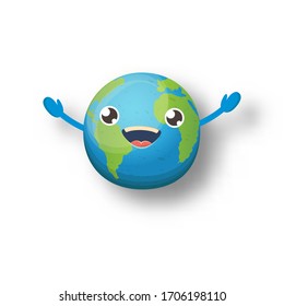 Cartoon cute smiling earth planet character isolated on white  background. Eath day concept design party poster template with funny kawaii earth globe