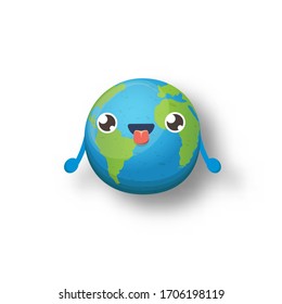 Cartoon cute smiling earth planet character isolated on white  background. Eath day concept design party poster template with funny kawaii earth globe