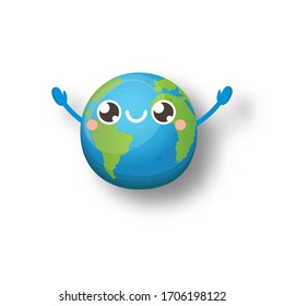 Cartoon cute smiling earth planet character isolated on white  background. Earth day concept design party poster template with funny kawaii earth globe