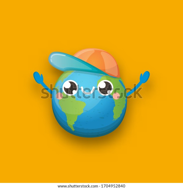 Cartoon Cute Smiling Earth Planet Character เวกเตอร์สต็อก ปลอดค่า