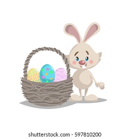 Cartoon cute smiling easter bunny with big basket and painted colorful eggs. Spring character mascot and seasonal vector illustration.
