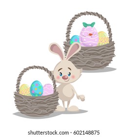 Cartoon cute smiling easter bunny with big basket and painted colorful eggs. Hatched easter egg. Spring character mascot and seasonal vector illustration.