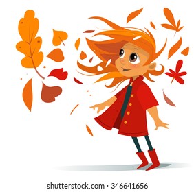 Cartoon cute smiling girl in red coat and boots with automn falling leaves spin in wind vector illustration