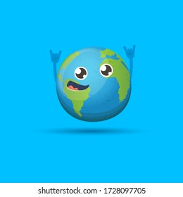Cartoon cute smiling healthy earth planet character isolated on blue  background. Eath day concept design party poster template with funny kawaii earth globe