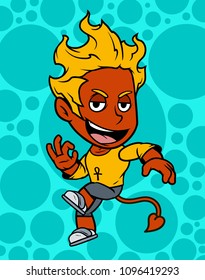 Cartoon cute smiling little blonde red devil boy character in yellow shirt. On blue background. Vector icon.