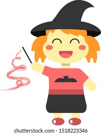Cartoon cute smiling little witch with red hair, in a black witch hat and a bat print red t-shirt, with a magic wand, halloween, vector graphics, vector illustration