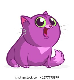 Cartoon cute smiling purple fat cat. Fat striped cat illustration isolated