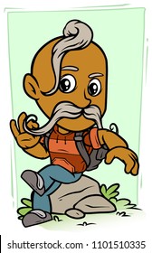 Cartoon cute smiling sitting cossack boy character on big stone with backpack. On green background. Vector icon.