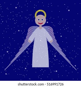 Cartoon cute smiling transparent angel with yellow nimbus, long purple wings and white clothes on blue stars night glowing background, vector illustration