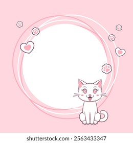 Cartoon cute smiling white cat with paw prints and hearts on pink background. Round vector banner with copy space. 