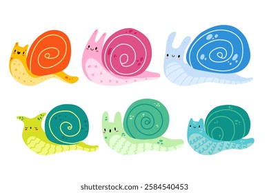 Cartoon cute snail character collection. Doodle snail. Children's illustration of a small snail. Stock vector illustration isolated on a white background.