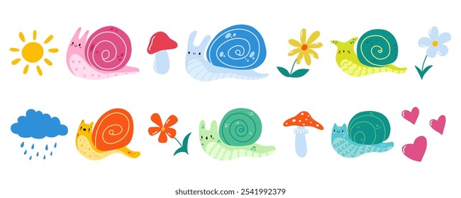 Cartoon cute snail, mushroom, flower, sun, cloud collection. Nursery Doodle snail character. A children's illustration of a small snail. Stock vector illustration isolated on a white background.