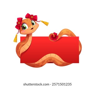 Cartoon cute snake character of asian horoscope with Chinese Lunar New Year holiday banner. Funny zodiac calendar snake vector personage with festive ribbon bows, flowers and holiday greeting card