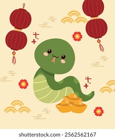 Cartoon Cute Snake with Gold Money and Lanterns for Chinese New Year Theme Vector Illustration