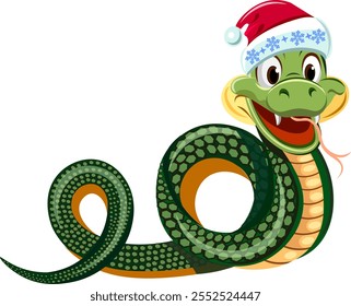 Serpiente linda de la historieta en el sombrero de Santa Claus longitud completa horizontalmente conveniente para la tarjeta de felicitación con el año de la serpiente según el Vector chino del horóscopo