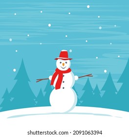 Cartoon cute snowman in a cap and scarf on snowy christmas winter background. Vector illustration