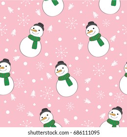 Cartoon cute snowman with a green scarf in christmas eve seamless pattern vector.