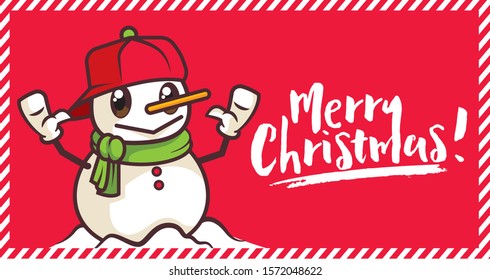 Cartoon cute snowman with Merry Christmas holiday greeting on red background - vector character