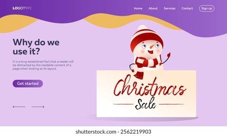 Cartoon cute snowman near Christmas Sale poster. Landing page design with cartoon character in hat and scarf on purple background. Vector can be used for sales, discounts, online shops