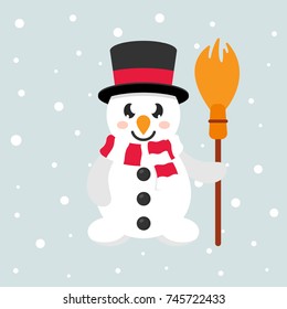 cartoon cute snowman with scarf and broom