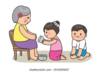 Cartoon cute Songkran festival Thailand, Oleder woman and childen Thai style vector.