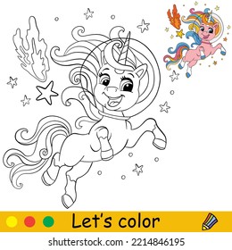 Cartoon cute space unicorn character with comet and stars. Coloring book page with colorful template for kids. Vector isolated illustration. For coloring book, print, game, party, design