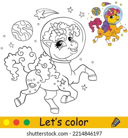 Cartoon cute space unicorn character with comet, planet and stars. Coloring book page with colorful template for kids. Vector isolated illustration. For coloring book, print, game, party, design