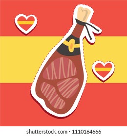 Cartoon cute spanish meat jamon sticker patch badge design illustration with spain flag