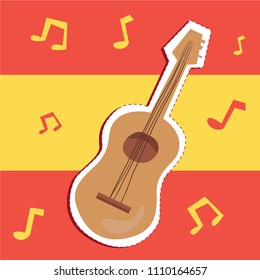 Cartoon cute spanish music instrument guitar sticker patch badge design illustration with spain flag