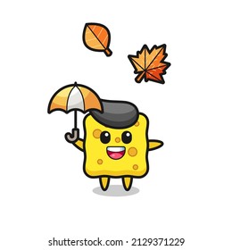 cartoon of the cute sponge holding an umbrella in autumn , cute style design for t shirt, sticker, logo element