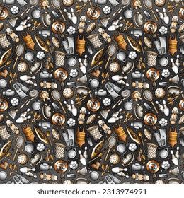 Cartoon cute Sport seamless pattern. Colorful detailed, with lots of objects background. Endless funny vector illustration