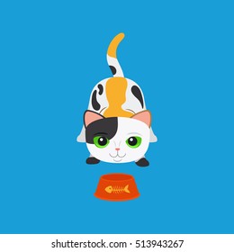 Cartoon cute spotted cat with bowl on blue. Vector illustration