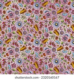 Cartoon cute Spring flowers seamless pattern. Colorful detailed, with lots of objects background. Endless funny floral vector illustration.