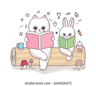 Cartoon cute springtime,  Cat and rabbit reading book on the log vector.