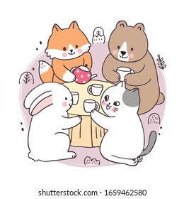 Cartoon cute springtime, Fox and bear and rabbit and cat drink coffee vector.