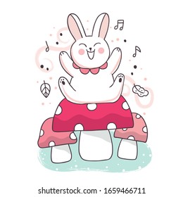 Cartoon cute springtime rabbit sitting on big mushroom vector.