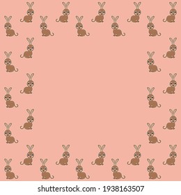 Cartoon cute square frame of African bush hares with blushing, smiles, and white outlines on a pink background. Blank template for graphic design, card, invitation. Vector.