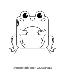 A cartoon cute square shaped frog. Coloring book. Vector linear illustration isolated on white background.