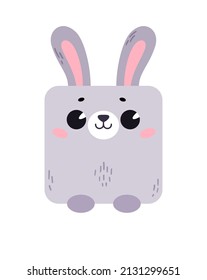 Cartoon cute square-shaped hare. Square icon for apps or games with bunny face. Vector Kawaii 
 illustration isolated on white background