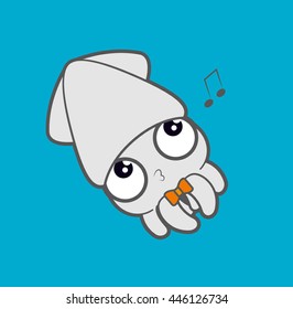 Cartoon Cute squid with blue sea, vector mascot illustration