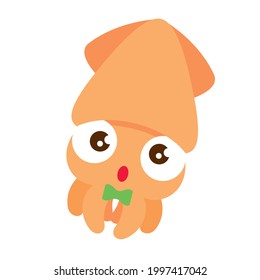 Cartoon cute squid with bowtie character mascot flat design 