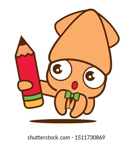 Cartoon cute squid with bowtie holding a pencil. Back to school