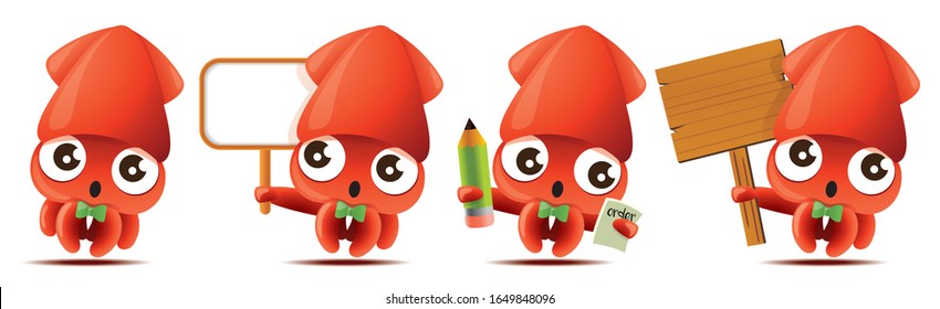 Cartoon cute squid with bowtie mascot set, cute squid holding big white/wooden signboards, taking order with pencil and notebook. - Vector mascot set